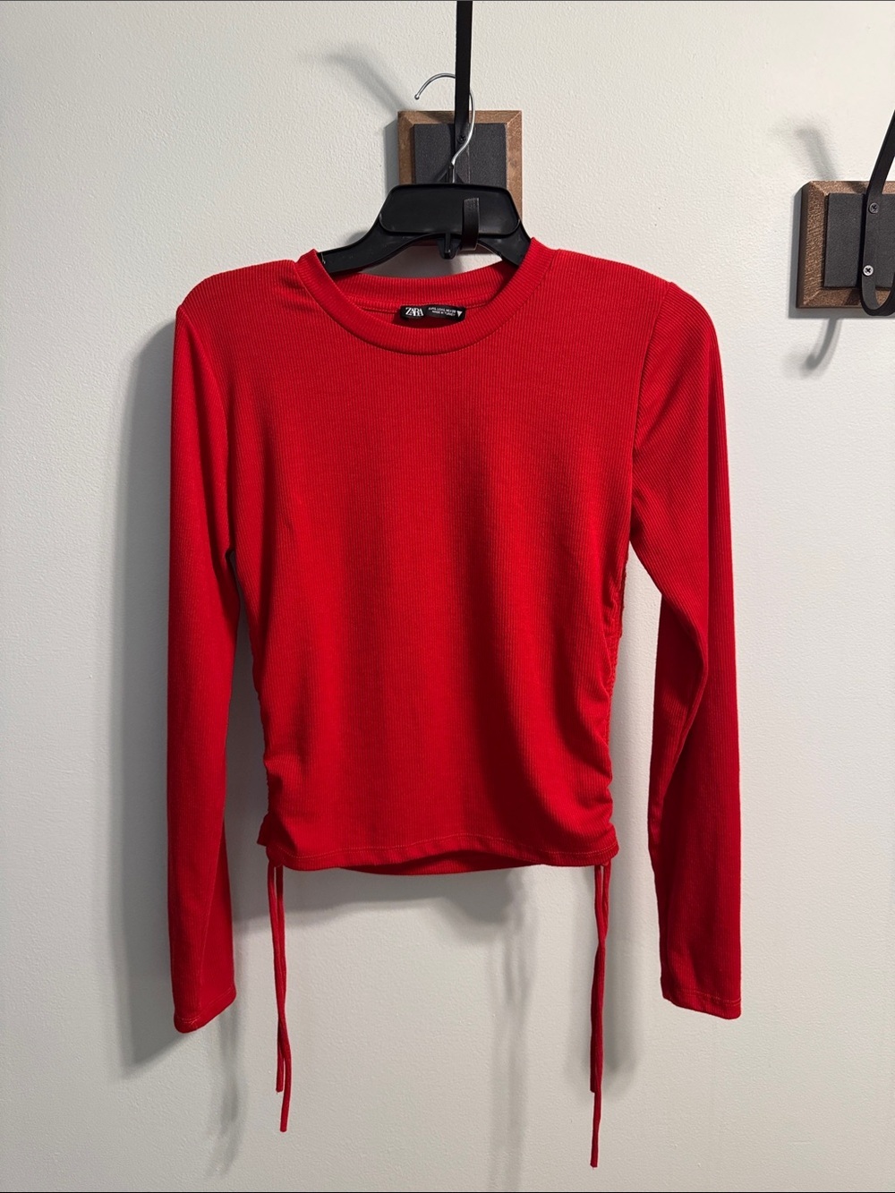 Zara Vibrant Red Long-Sleeve Ribbed Top with Side Ties